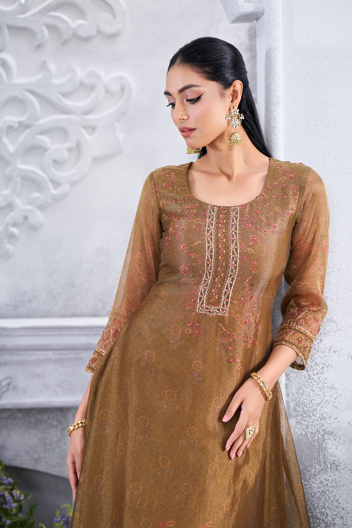 Olive Gold Embroidered High-Low Kurta with Straight Pants