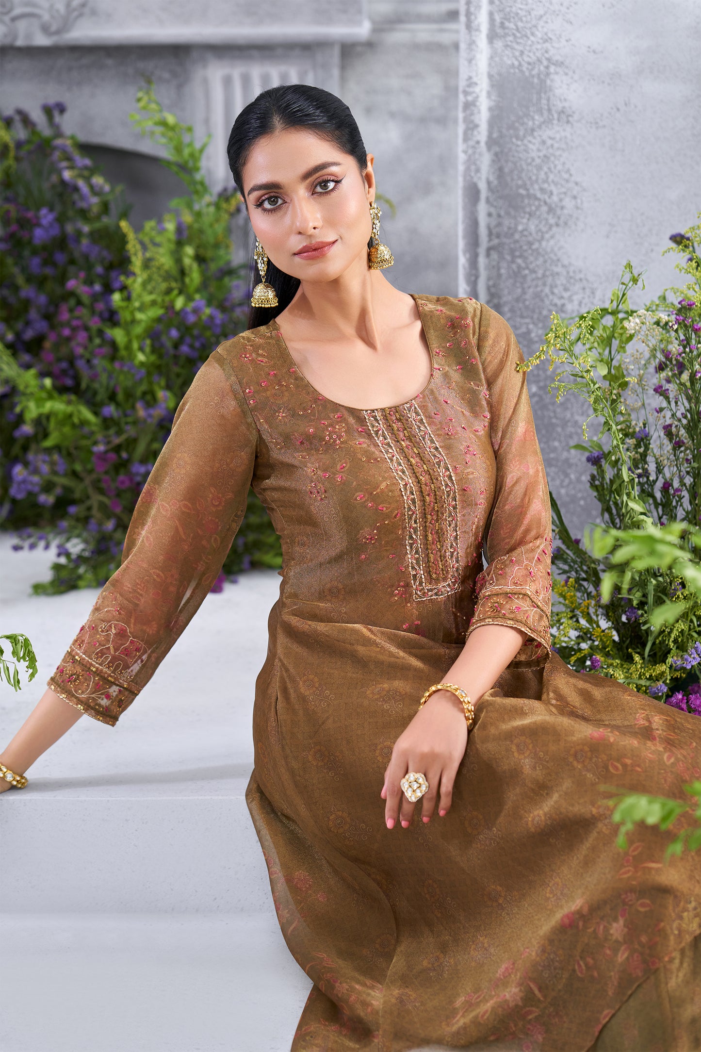 Olive Gold Embroidered High-Low Kurta with Straight Pants