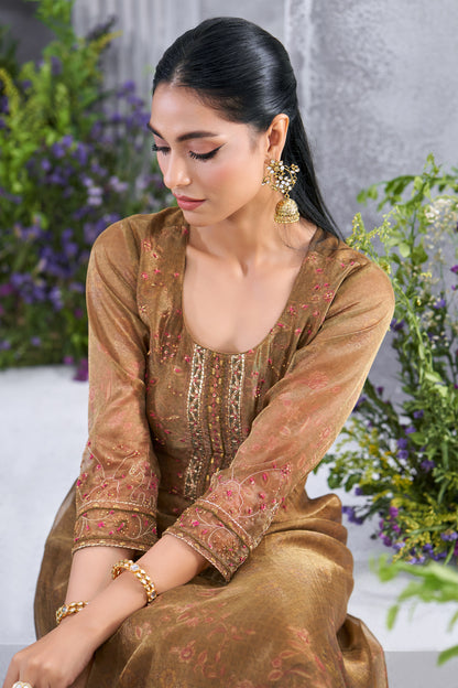 Olive Gold Embroidered High-Low Kurta with Straight Pants