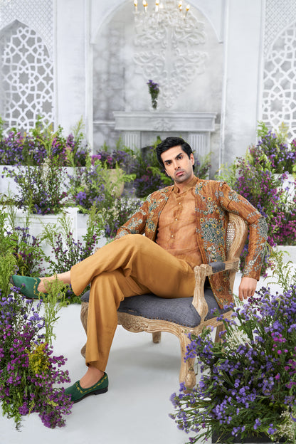 Floral Printed Mustard Men's Nehru Jacket with Inner Indo - Western