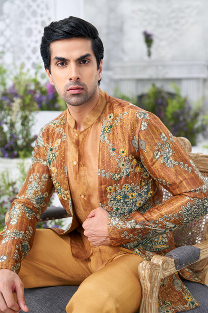 Floral Printed Mustard Men's Nehru Jacket with Inner Indo - Western