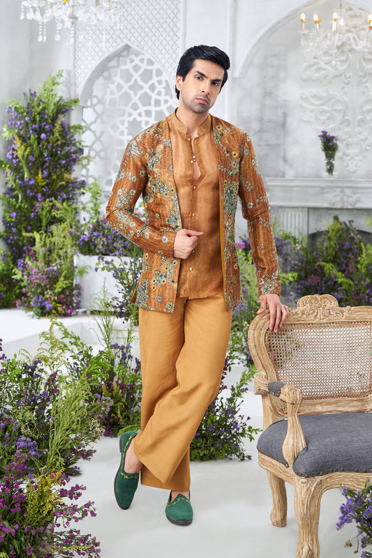 Floral Printed Mustard Men's Nehru Jacket with Inner Indo - Western