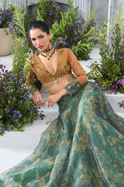 Mustard Yellow Embellished V-Neck Crop Top with Teal Floral Printed Lehenga