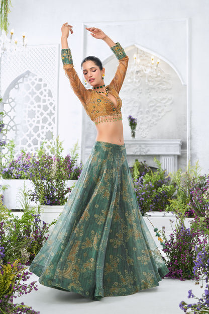 Mustard Yellow Embellished V-Neck Crop Top with Teal Floral Printed Lehenga