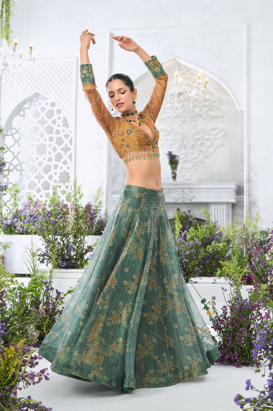 Mustard Yellow Embellished V-Neck Crop Top with Teal Floral Printed Lehenga
