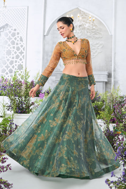 Mustard Yellow Embellished V-Neck Crop Top with Teal Floral Printed Lehenga