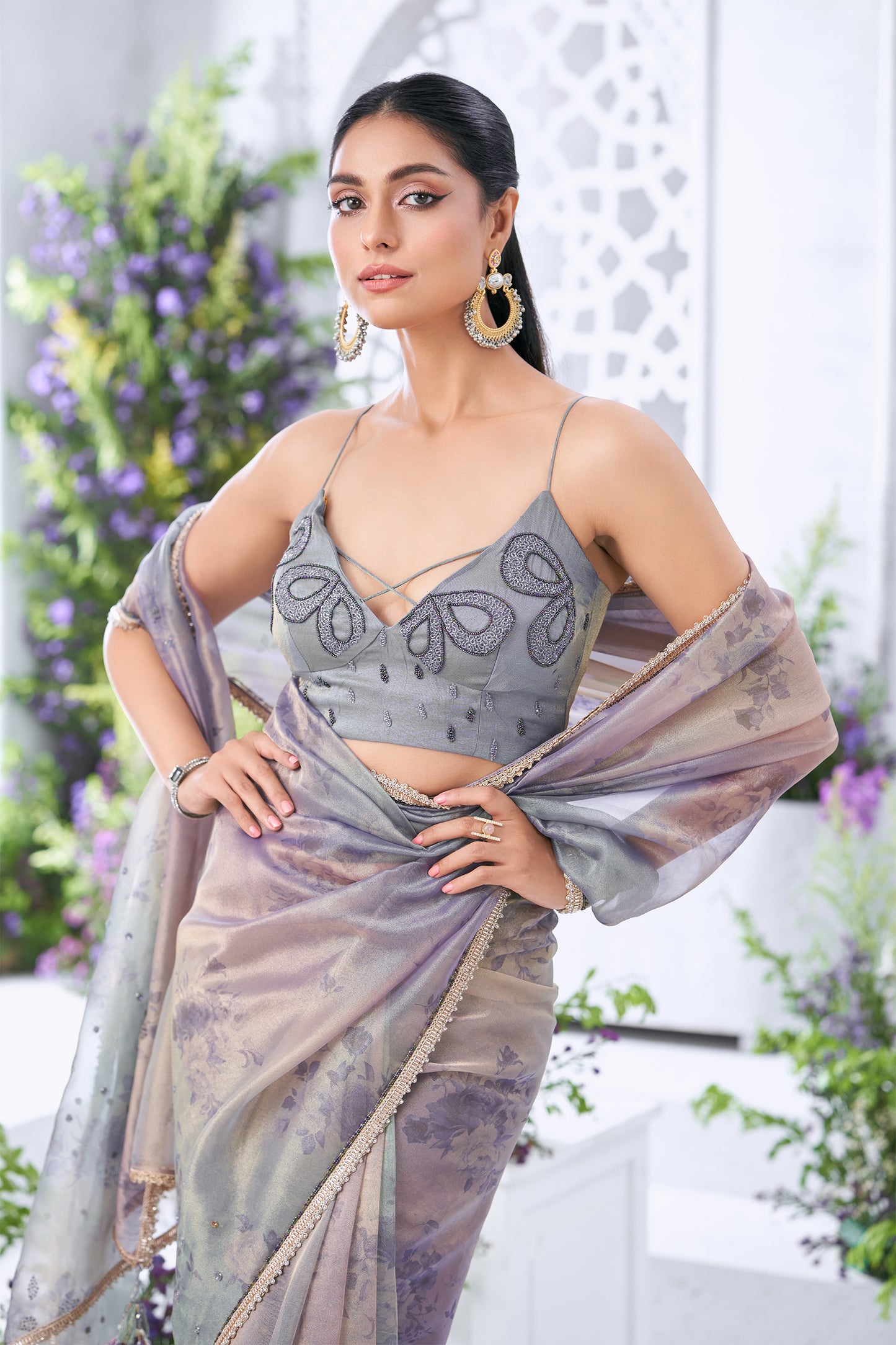 Lavender spray concept Floral Printed Saree with hand Embroidered Blouse