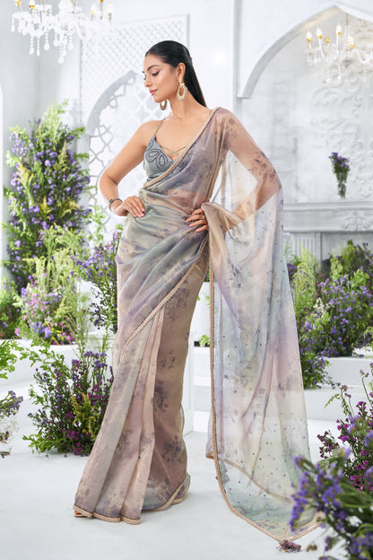 Lavender spray concept Floral Printed Saree with hand Embroidered Blouse