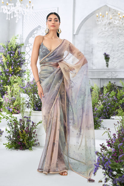 Lavender spray concept Floral Printed Saree with hand Embroidered Blouse