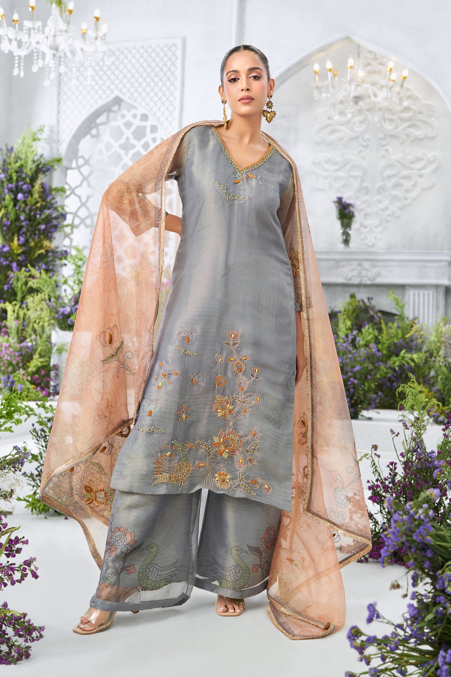 Embroidered Grey Straight Kurta with Printed Palazzos and Peach Dupatta