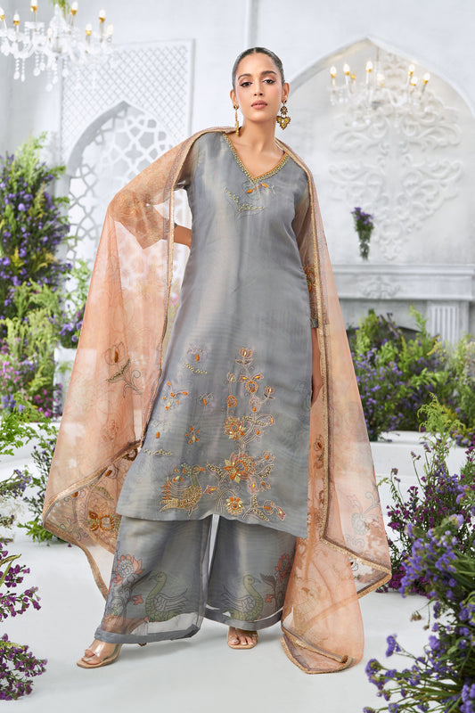 Embroidered Grey Straight Kurta with Printed Palazzos and Peach Dupatta