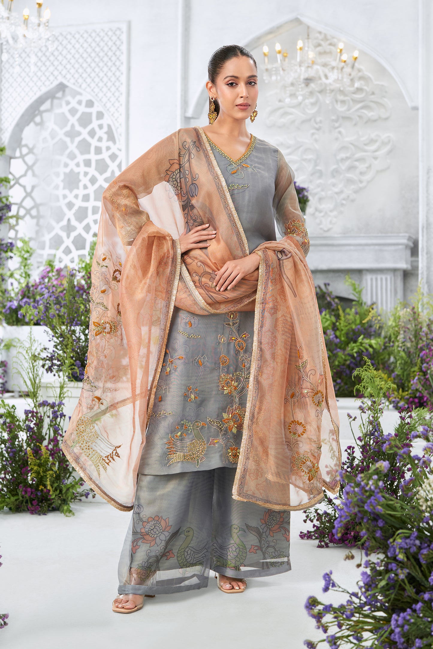 Embroidered Grey Straight Kurta with Printed Palazzos and Peach Dupatta