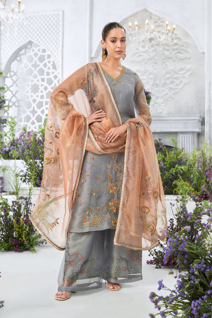 Embroidered Grey Straight Kurta with Printed Palazzos and Peach Dupatta