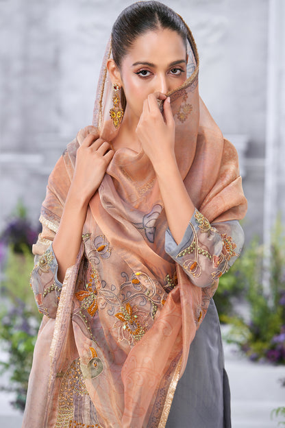 Embroidered Grey Straight Kurta with Printed Palazzos and Peach Dupatta