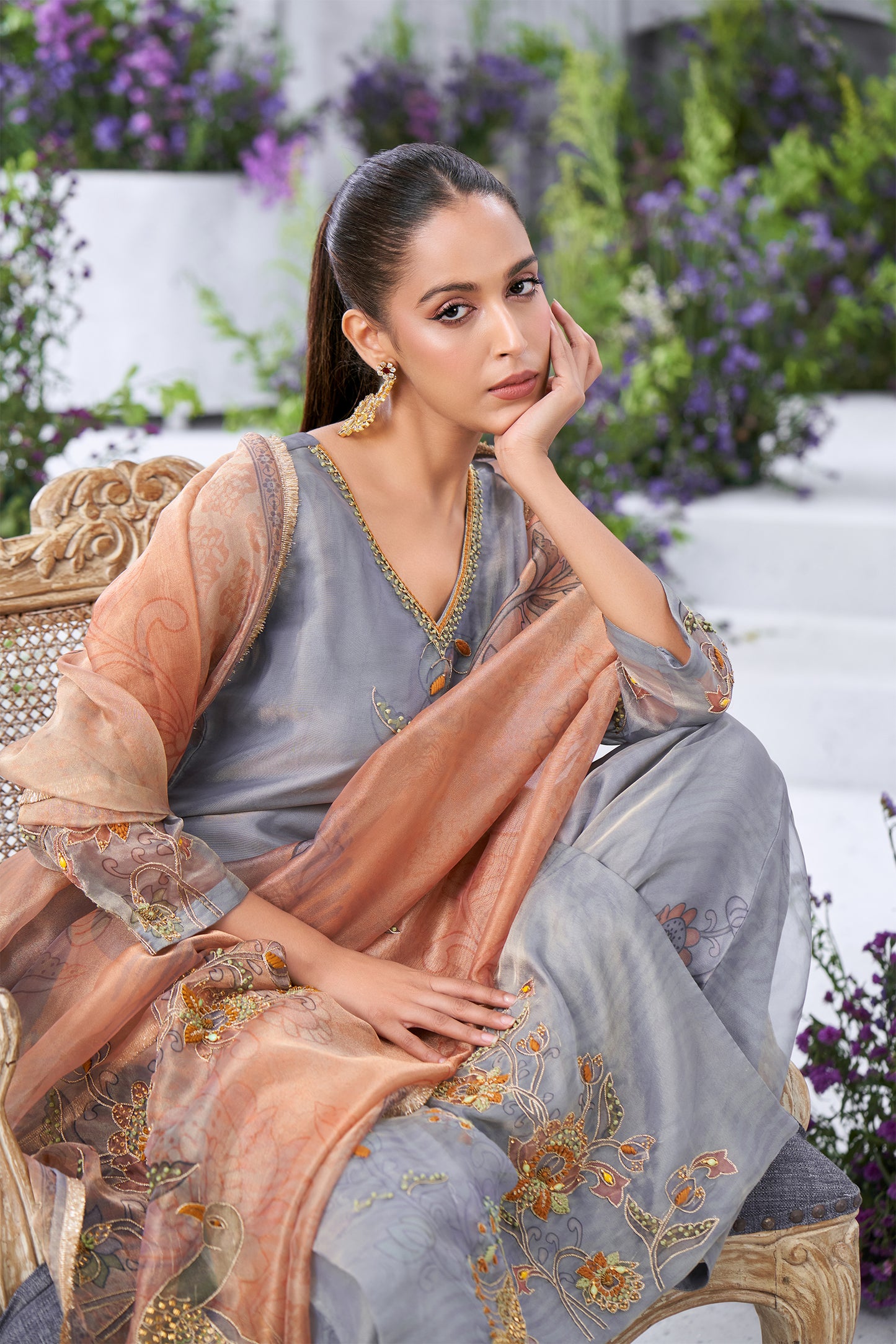 Embroidered Grey Straight Kurta with Printed Palazzos and Peach Dupatta