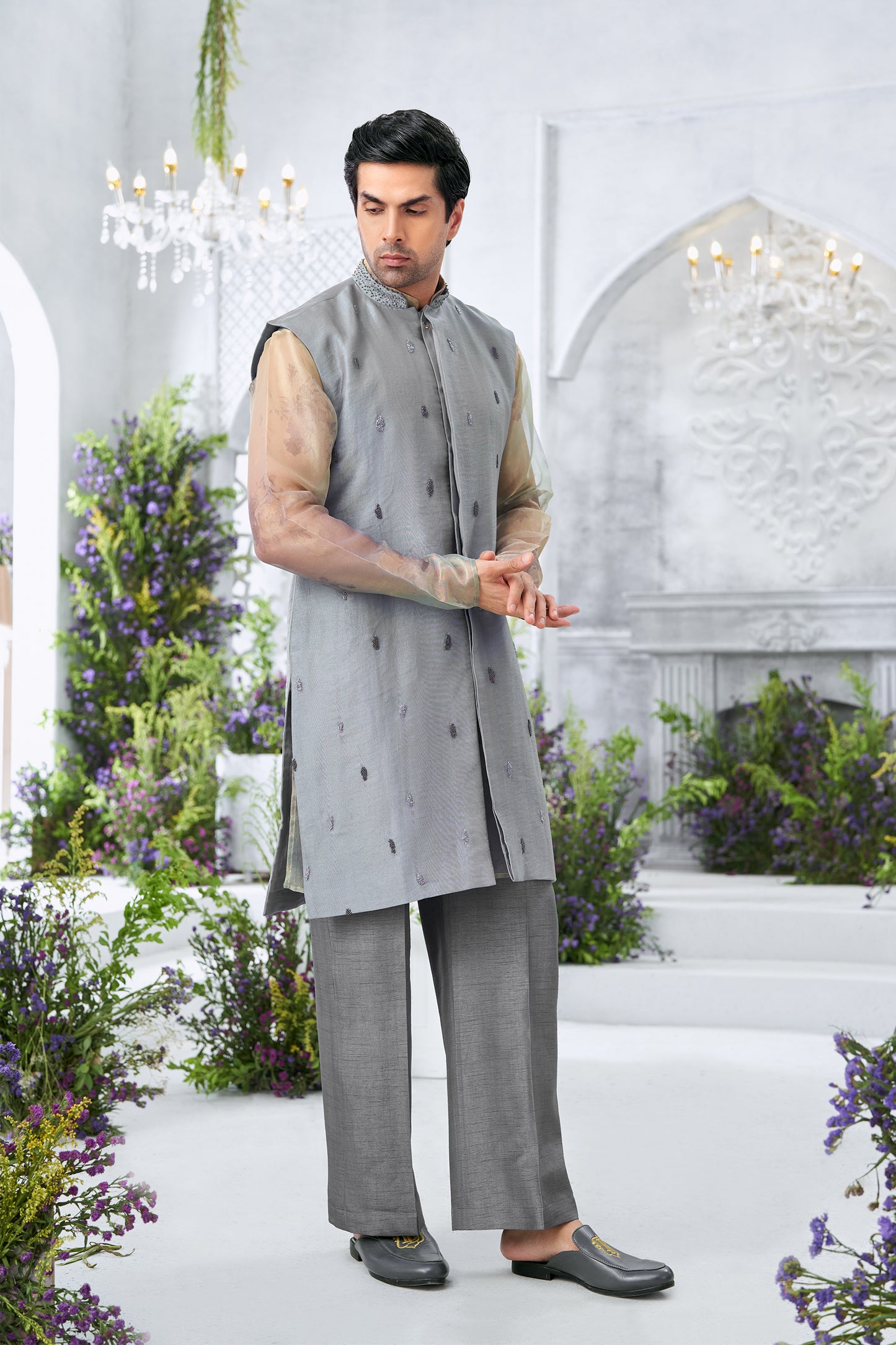 Embroidered Powder Blue Jacket Men's Long Kurta with Sheer Sleeves and Trousers