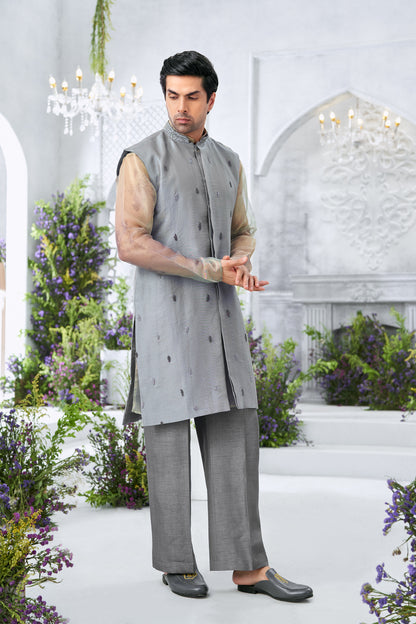 Embroidered Powder Blue Jacket Men's Long Kurta with Sheer Sleeves and Trousers