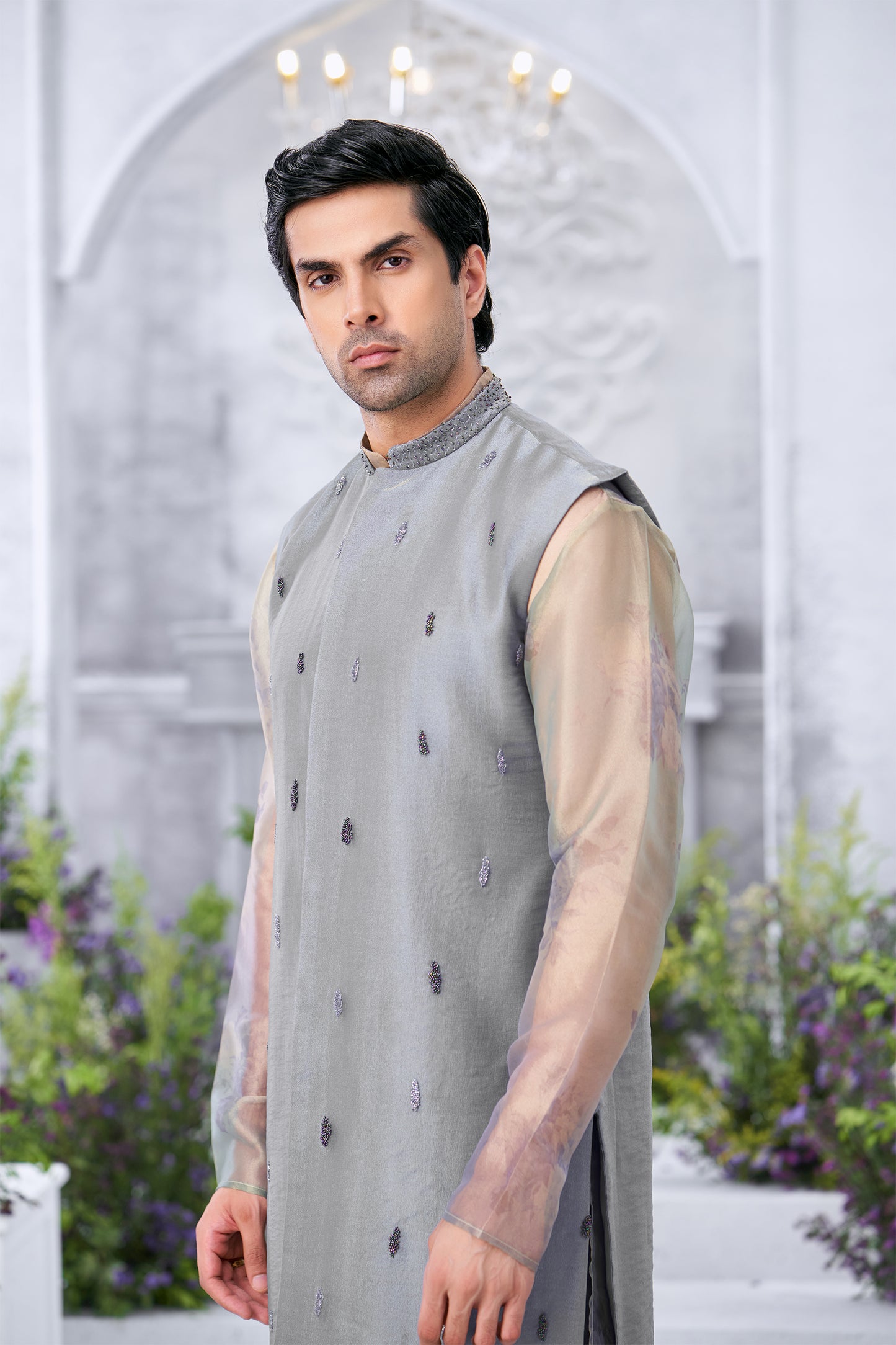 Embroidered Powder Blue Jacket Men's Long Kurta with Sheer Sleeves and Trousers