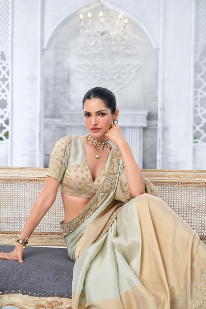 Cream and Beige Dual-Tone Embellished Saree with hand embroidered Border