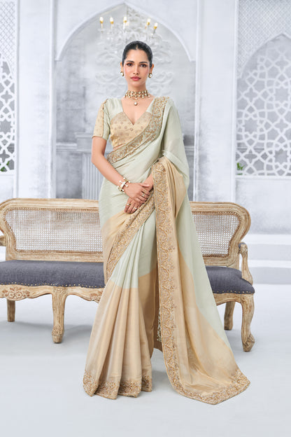 Cream and Beige Dual-Tone Embellished Saree with hand embroidered Border
