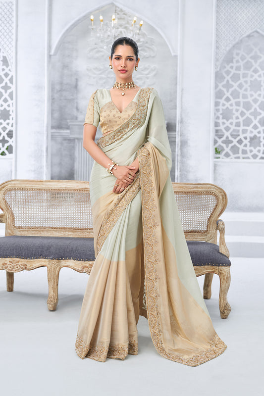 Cream and Beige Dual-Tone Embellished Saree with hand embroidered Border