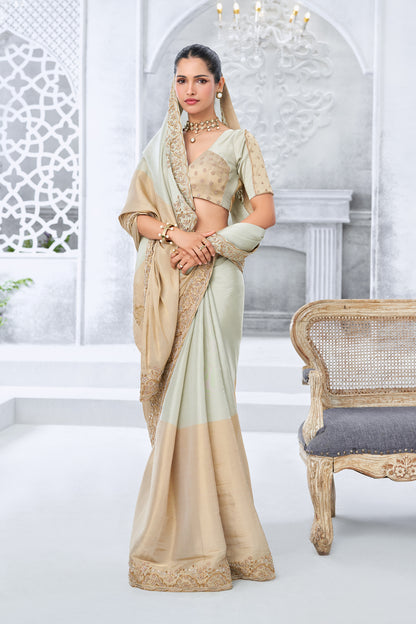 Cream and Beige Dual-Tone Embellished Saree with hand embroidered Border