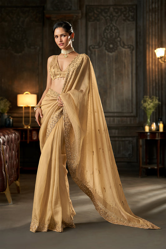 Embellished Gold Saree with Scalloped Border and V-Neck Blouse