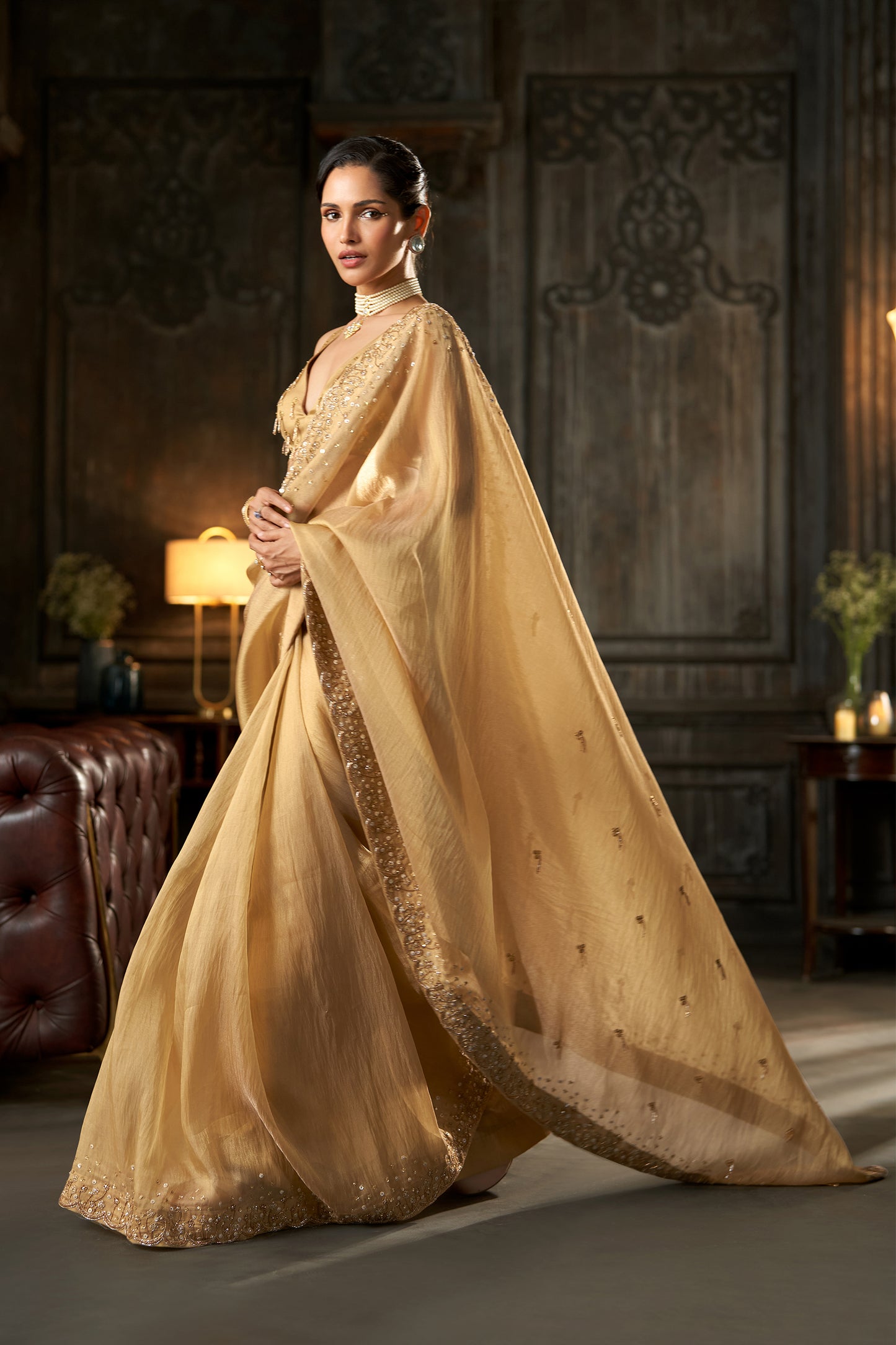 Embellished Gold Saree with Scalloped Border and V-Neck Blouse