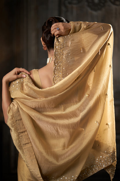 Embellished Gold Saree with Scalloped Border and V-Neck Blouse