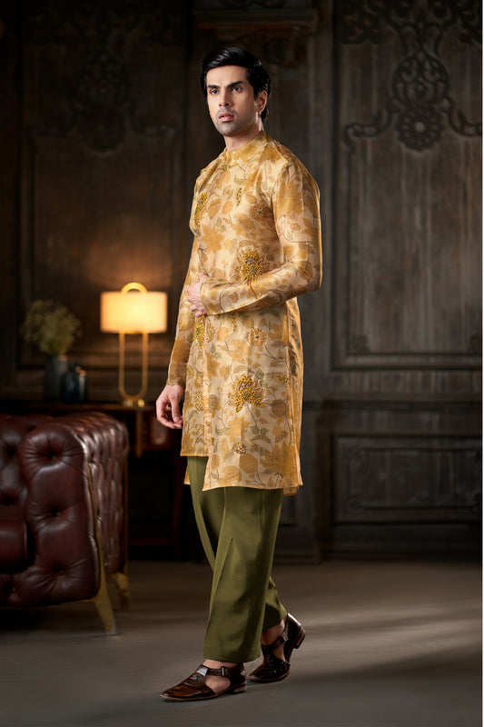 Floral Printed Beige Angrakha Kurta with Olive Green Trousers