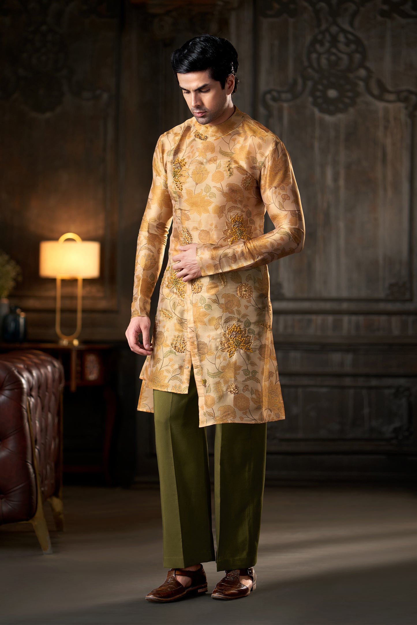 Floral Printed Beige Angrakha Kurta with Olive Green Trousers