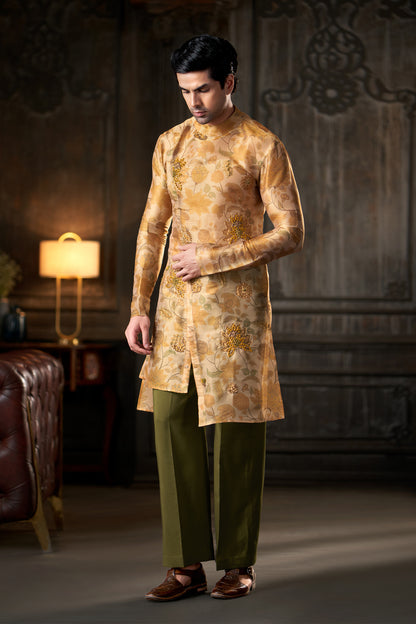 Floral Printed Beige Angrakha Kurta with Olive Green Trousers