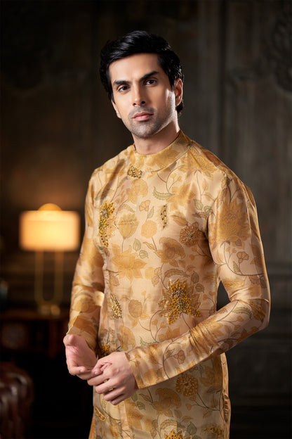 Floral Printed Beige Angrakha Kurta with Olive Green Trousers
