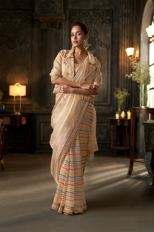 Peach Embroidered Striped Saree with Matching Collared Crop Jacket