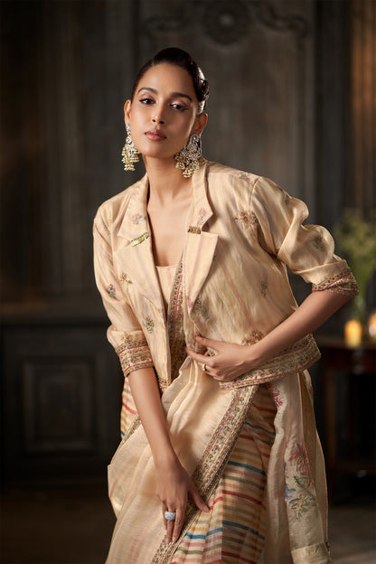 Peach Embroidered Striped Saree with Matching Collared Crop Jacket