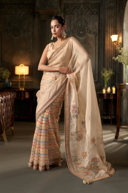 Peach Embroidered Striped Saree with Matching Collared Crop Jacket