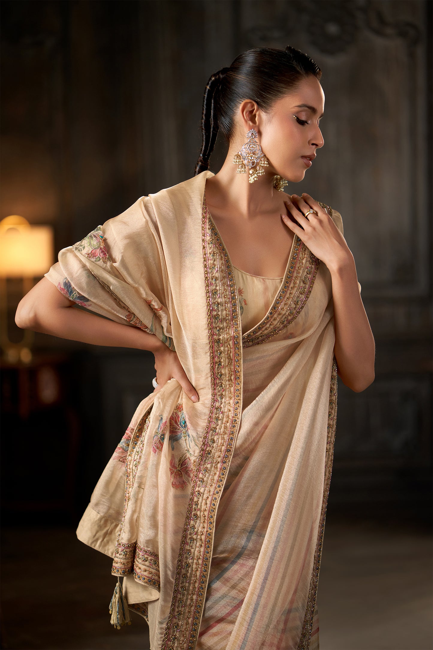 Peach Embroidered Striped Saree with Matching Collared Crop Jacket