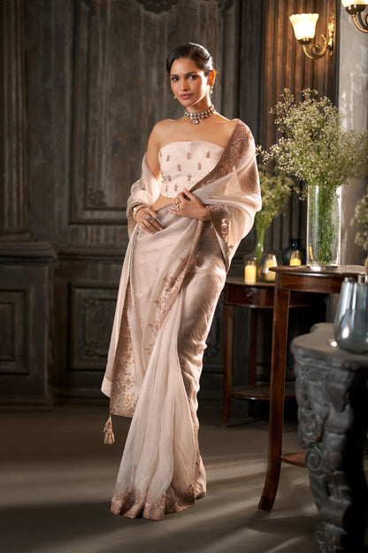 Off-White Embroidered Saree  Blouse and Zari handwork Border