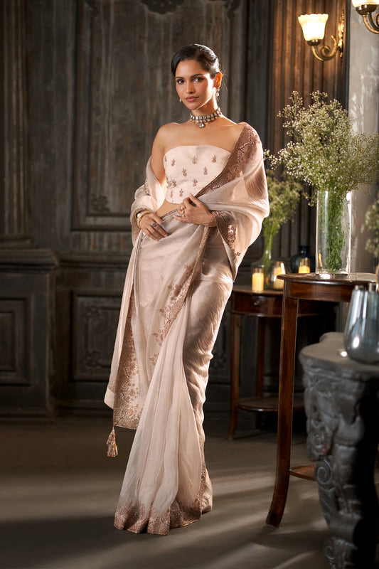 Off-White Embroidered Saree  Blouse and Zari handwork Border