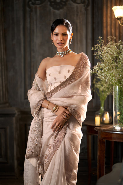 Off-White Embroidered Saree  Blouse and Zari handwork Border