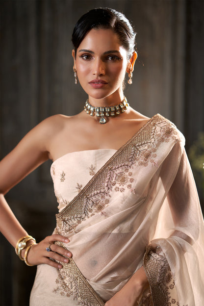 Off-White Embroidered Saree  Blouse and Zari handwork Border