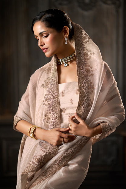 Off-White Embroidered Saree  Blouse and Zari handwork Border