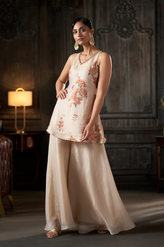 Floral Printed Beige Sleeveless Peplum Tunic with Flared Palazzos