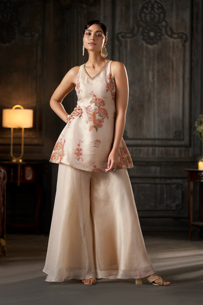 Floral Printed Beige Sleeveless Peplum Tunic with Flared Palazzos