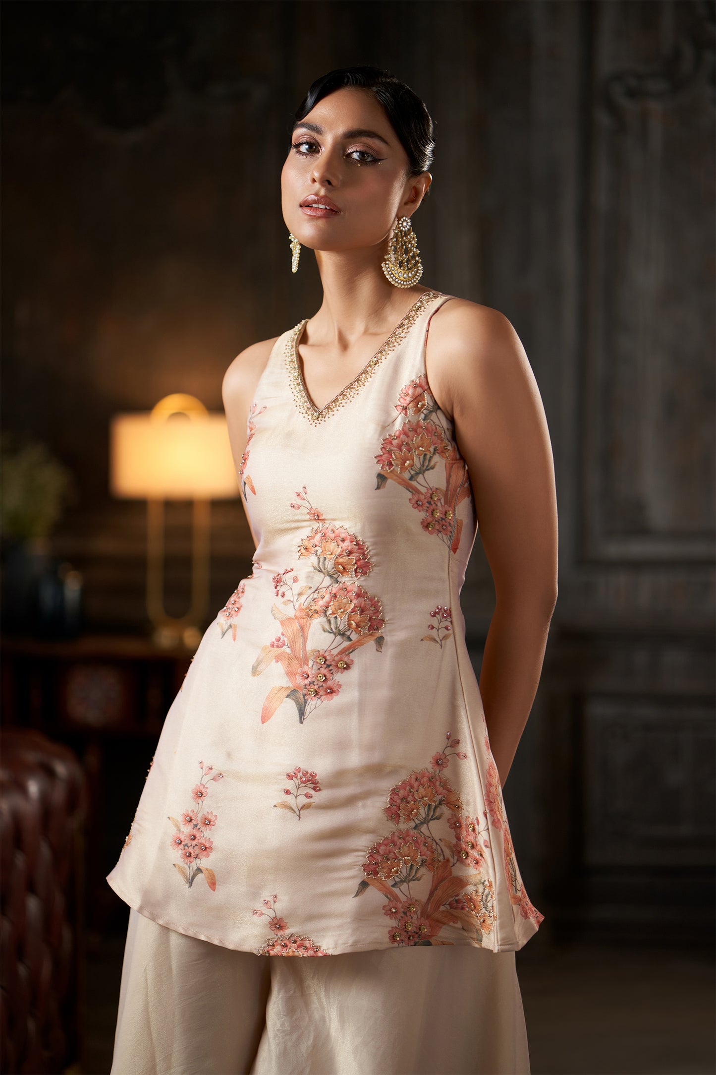 Floral Printed Beige Sleeveless Peplum Tunic with Flared Palazzos