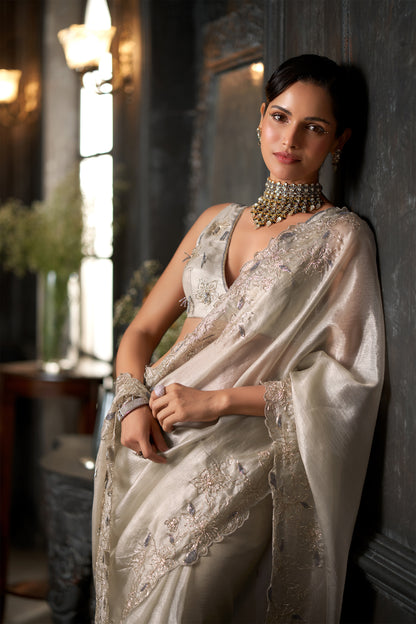 Silver-White Embellished Saree with hand work Border and Embroidered Blouse