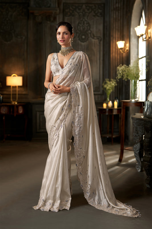 Silver-White Embellished Saree with hand work Border and Embroidered Blouse