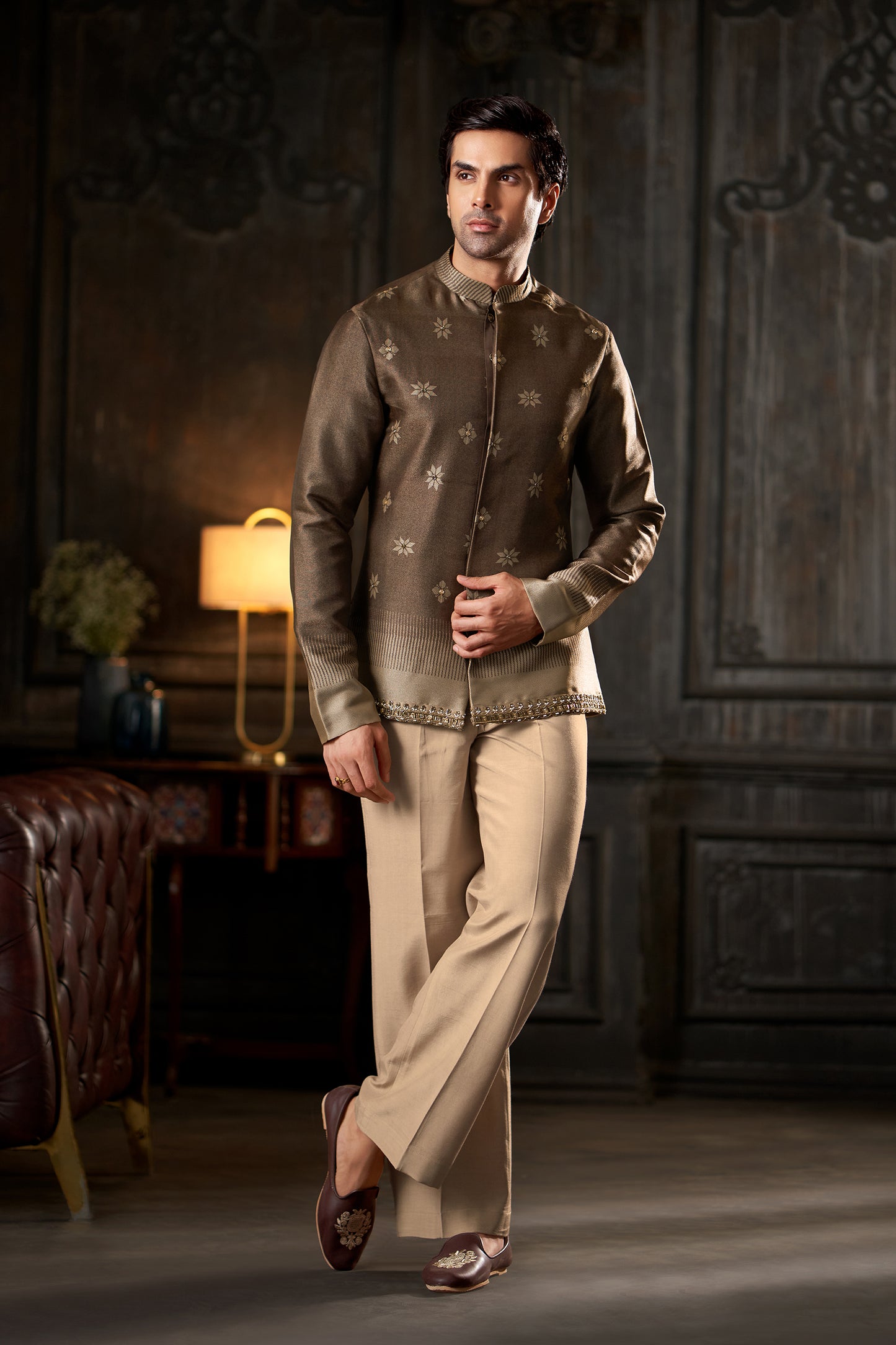 Embroidered Chocolate Brown Short Jacket Sherwani with Beige Formal Trousers