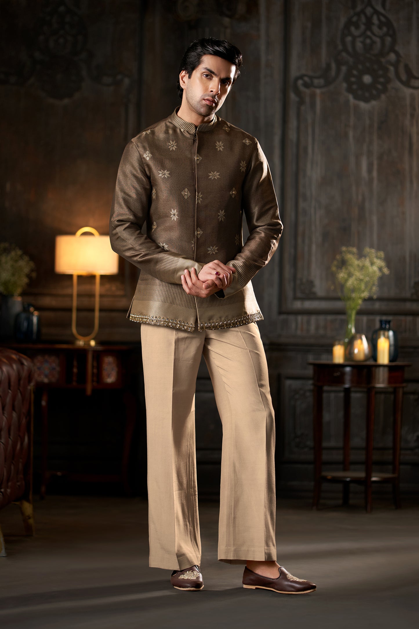 Embroidered Chocolate Brown Short Jacket Sherwani with Beige Formal Trousers