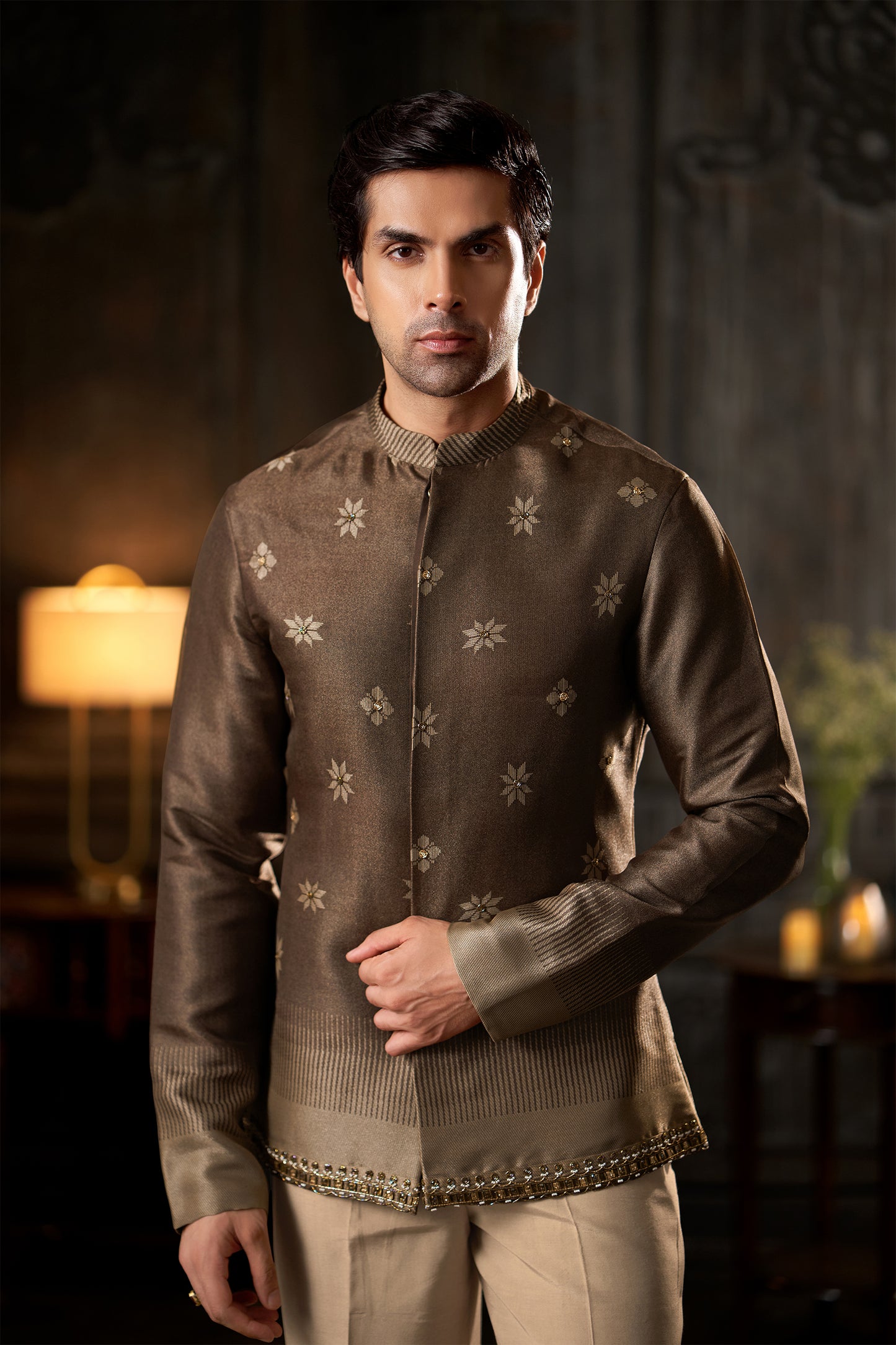 Embroidered Chocolate Brown Short Jacket Sherwani with Beige Formal Trousers